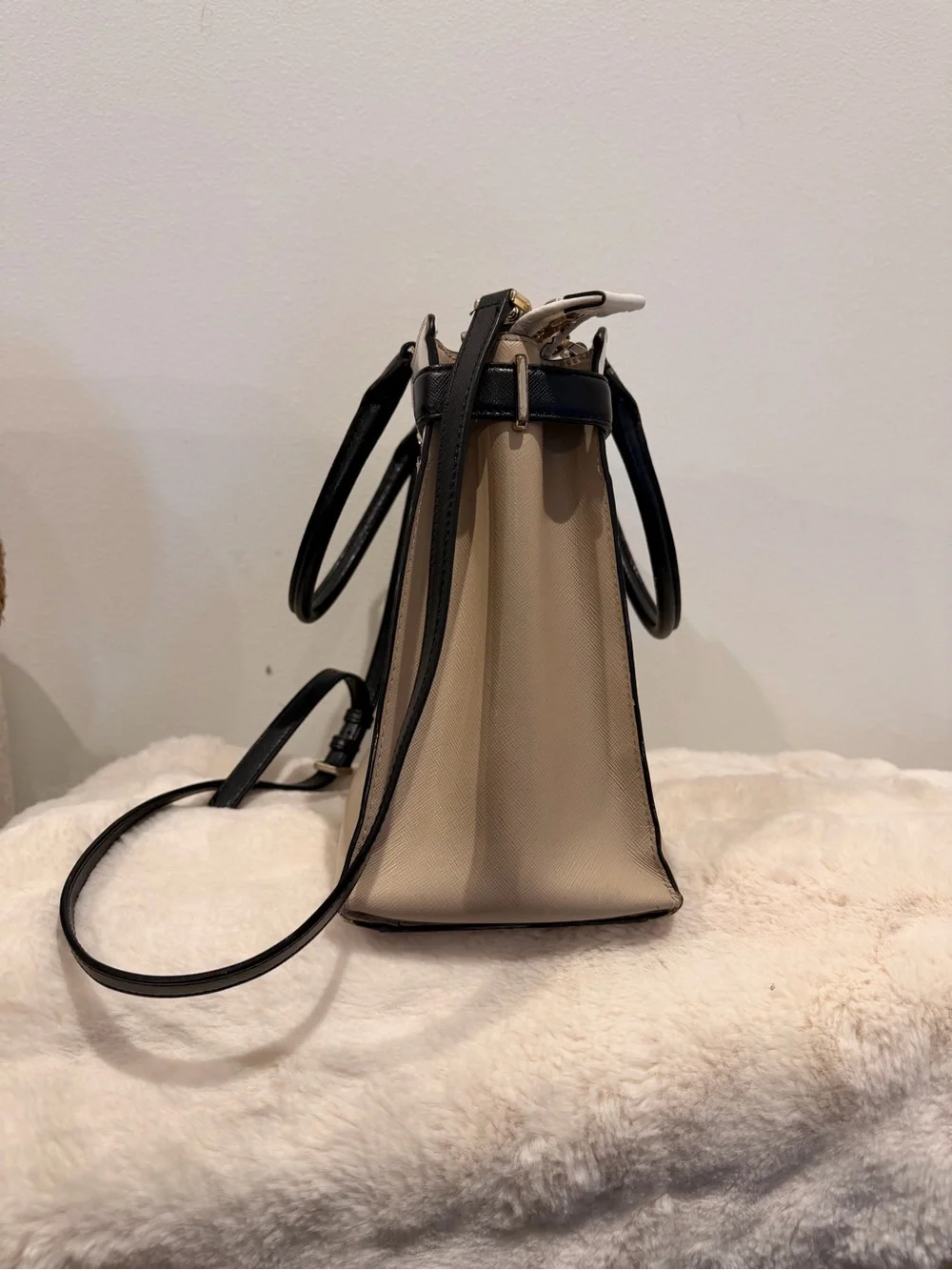 kate spade Beige, White & Black Leather Satchel with Top Handle